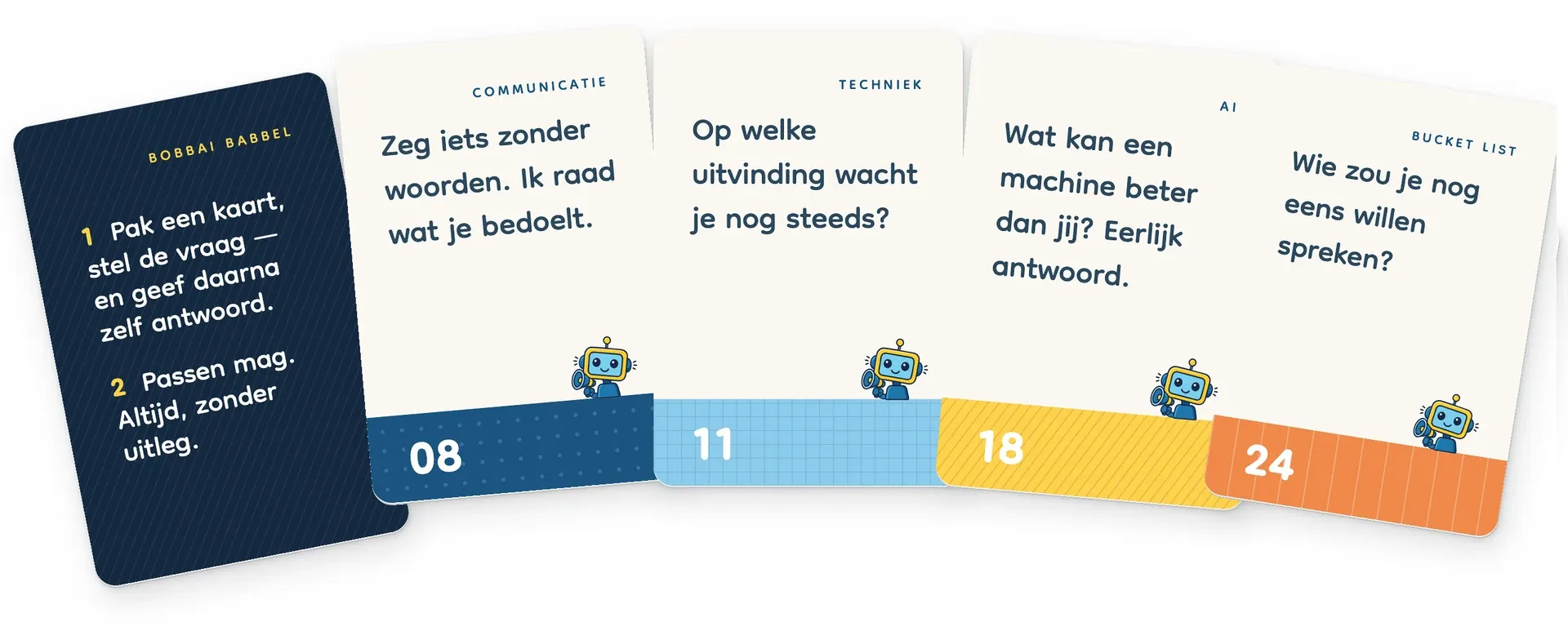 Bobbai Babbel gesprekskaarten met vragen over communicatie, techniek, AI en je bucketlist